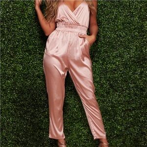 SATIN V NECK PANTS JUMPSUIT